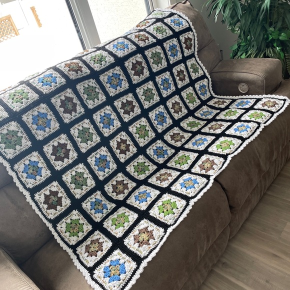 Handmade Crochet Blanket with Blue and Green Squares
